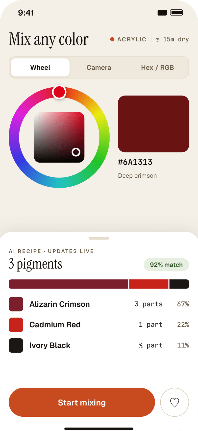 Pick screen with color wheel and live AI recipe